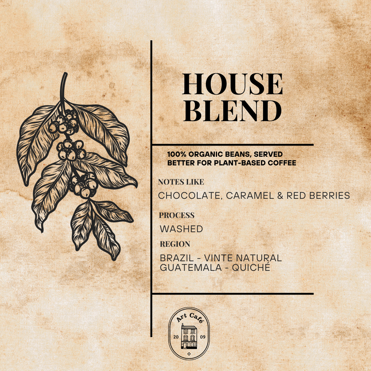 Art Café House Blend label showing tasting notes
